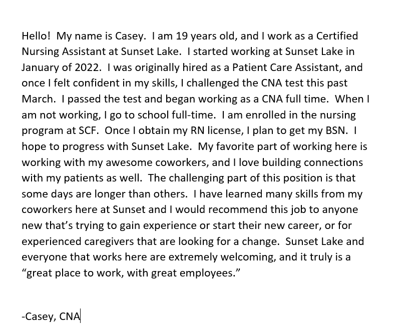 Sunset Lake Health and Rehabilitation Center workplace 4